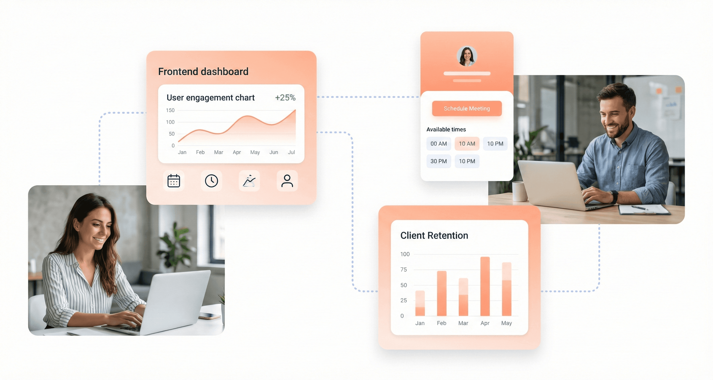 Modern frontend dashboards floating beside smiling professionals using laptops, representing improved user experience and customer engagement.