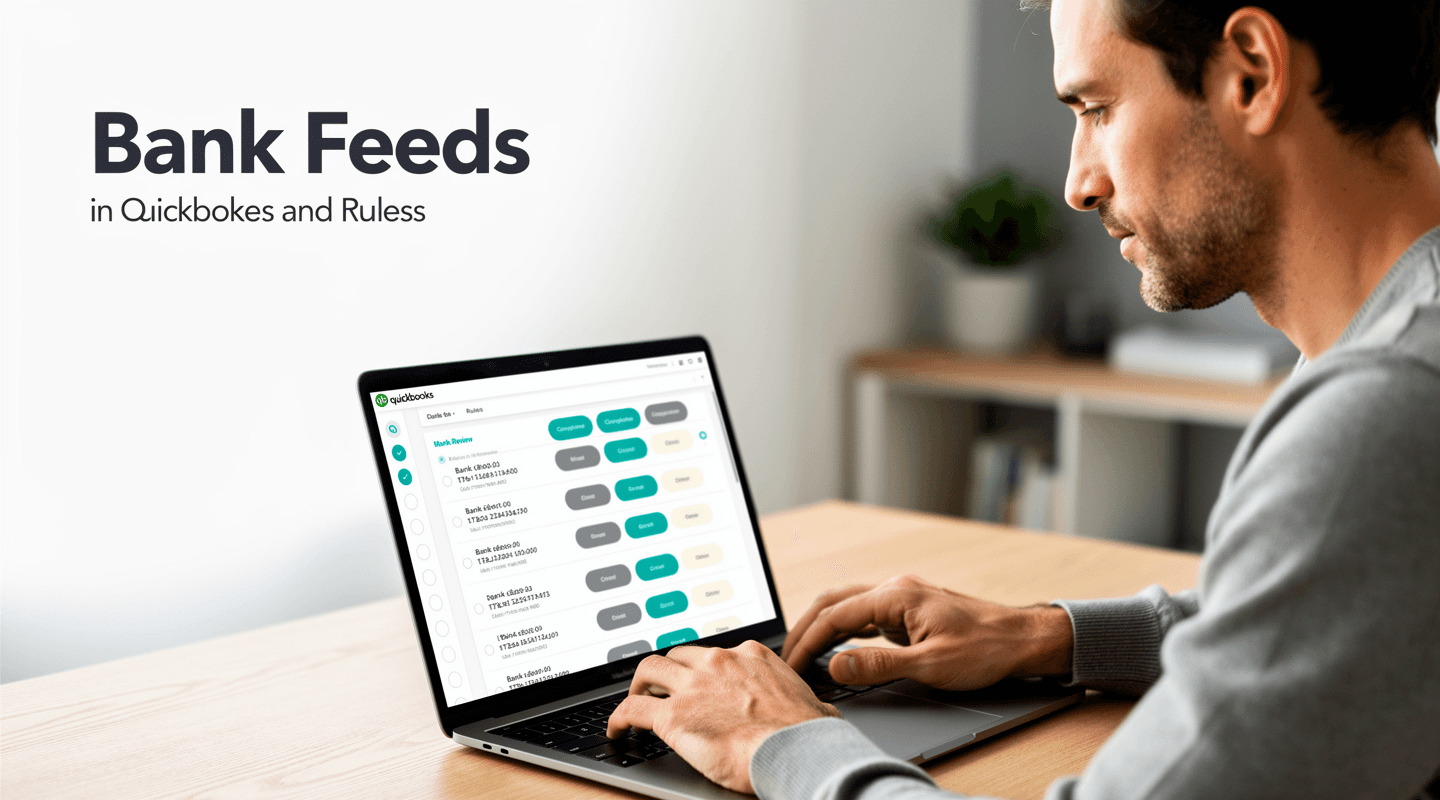 A clean dashboard view showing bank-feed transactions flowing into a categorization queue with rule-based auto-suggestions