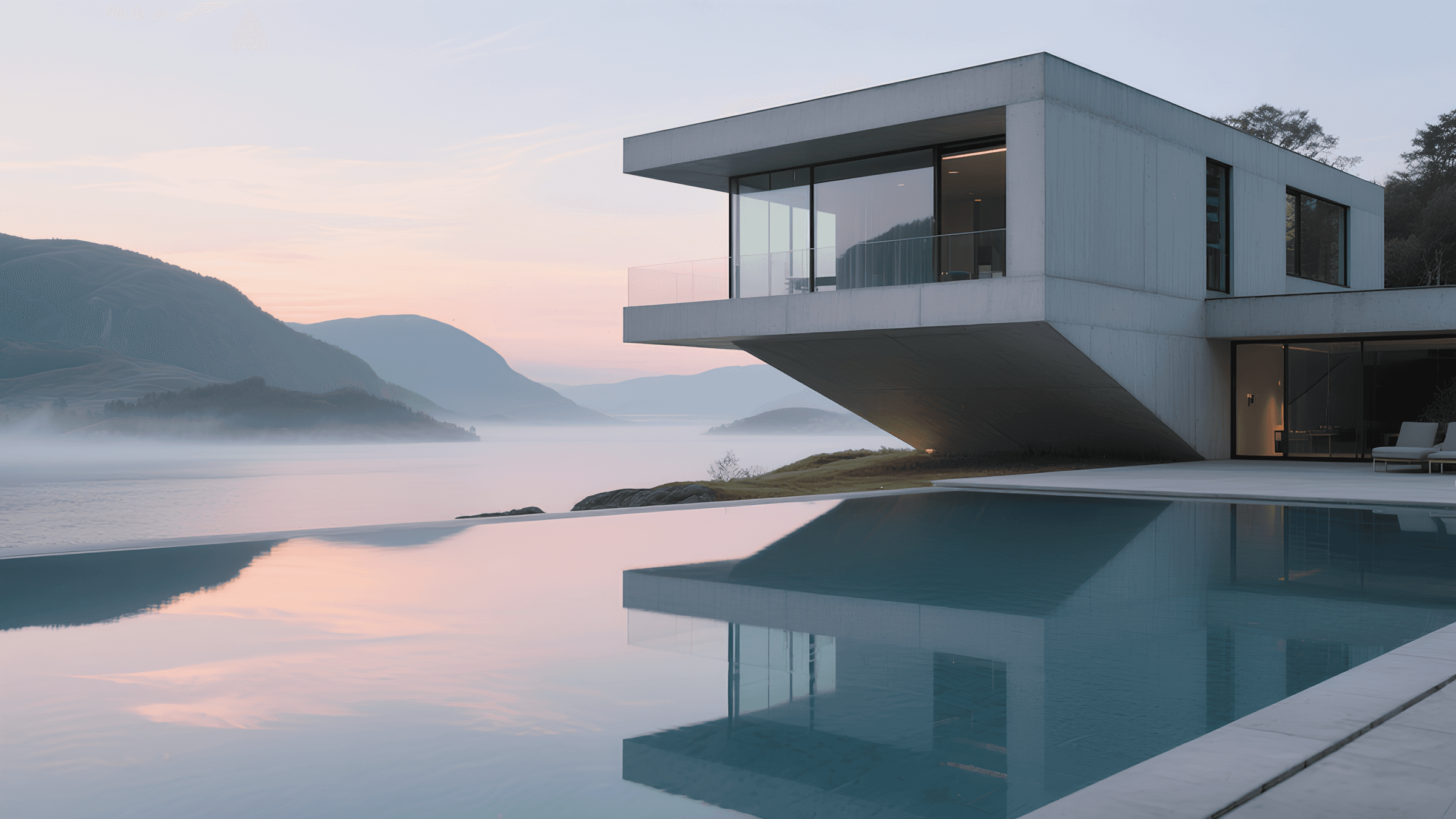 Modern lakeside residence with an infinity pool during soft evening light