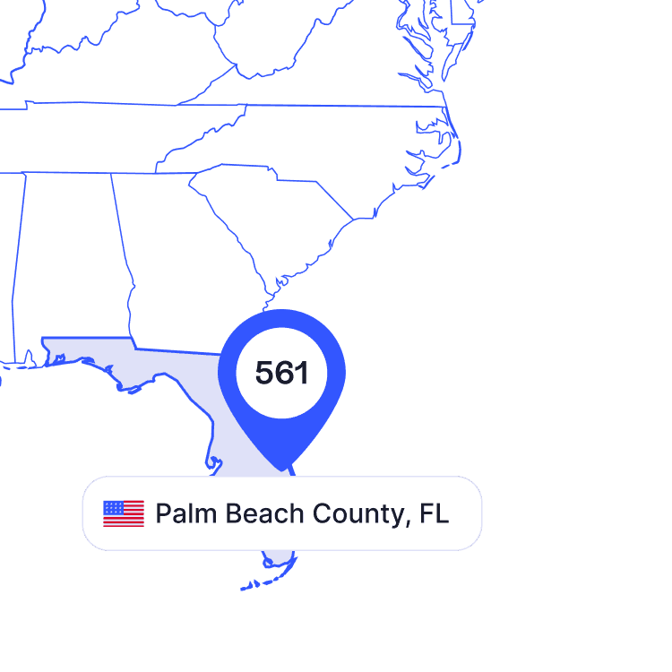 US map of 561 area code phone numbers and its coverage region