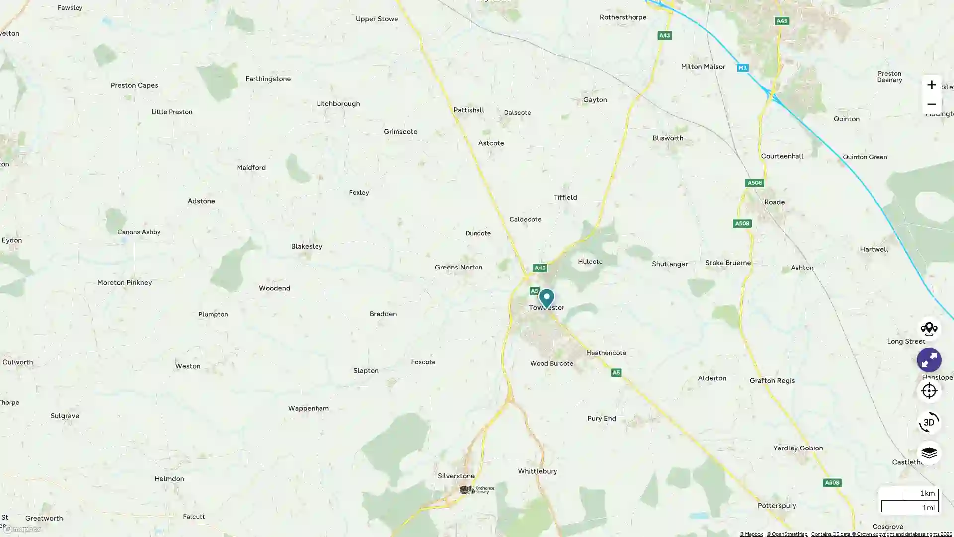Map showing regions of Towcester, Silverstone, and nearby towns.