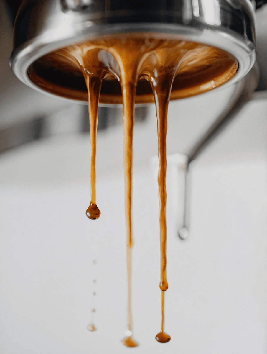 Double espresso shot extracting into portafilter with rich crema