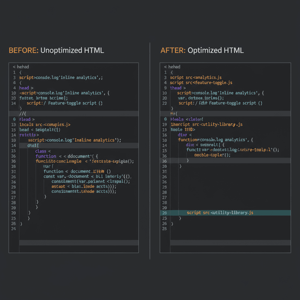 HTML code optimization example showing externalized scripts and CSS for reduced file size