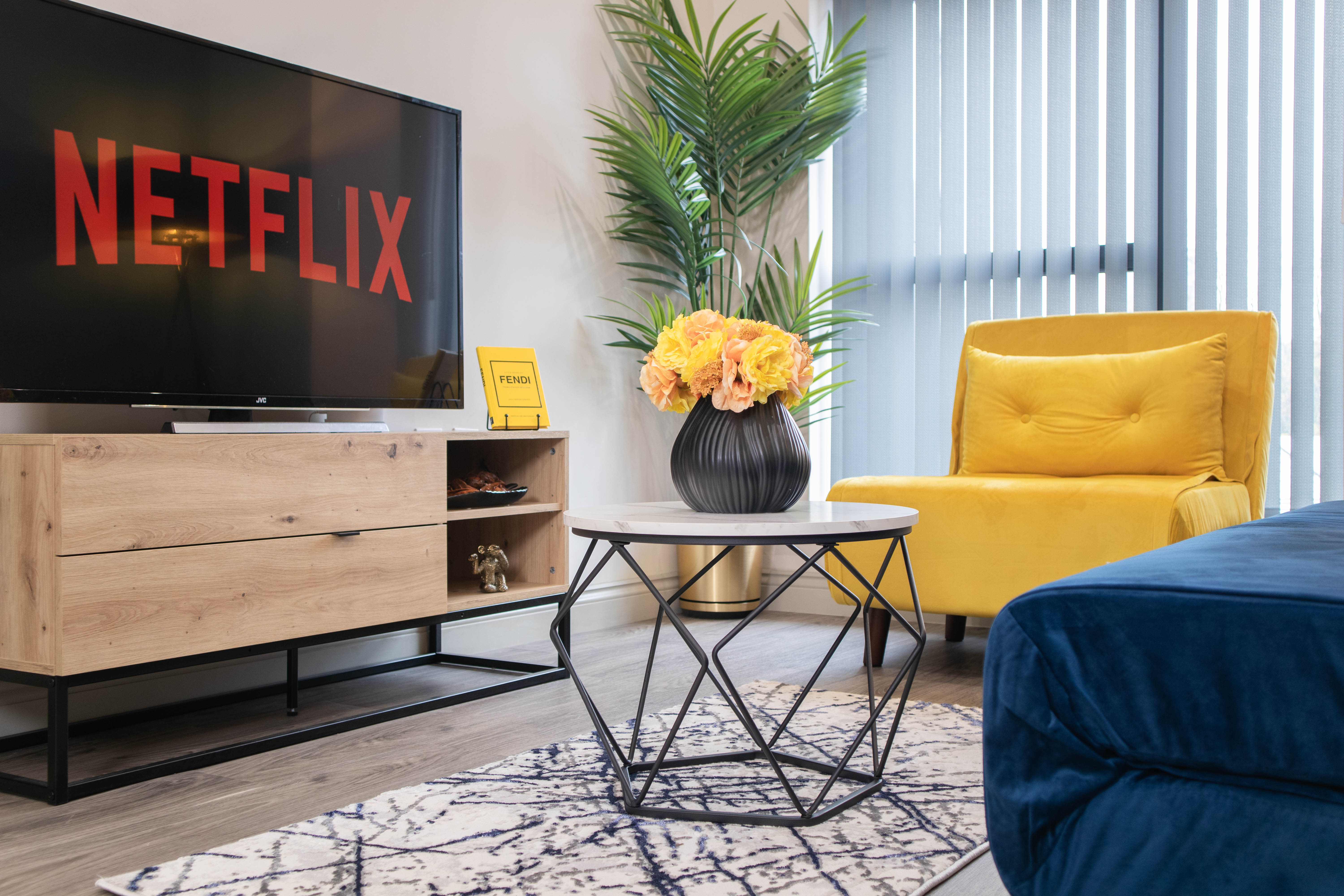 Airbnb furnished property with Netflix subscription and bright decor