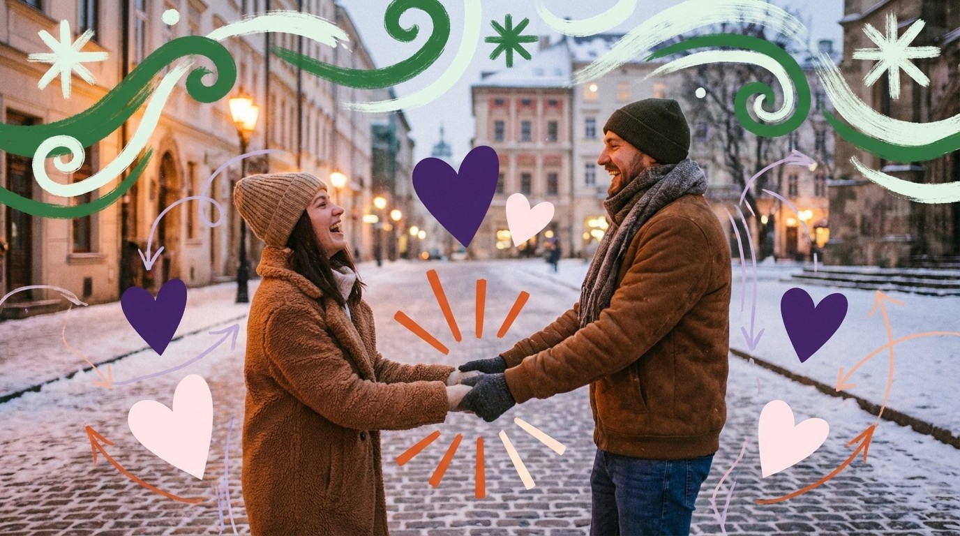 To personer på vinterdate med kaffe i februarlys