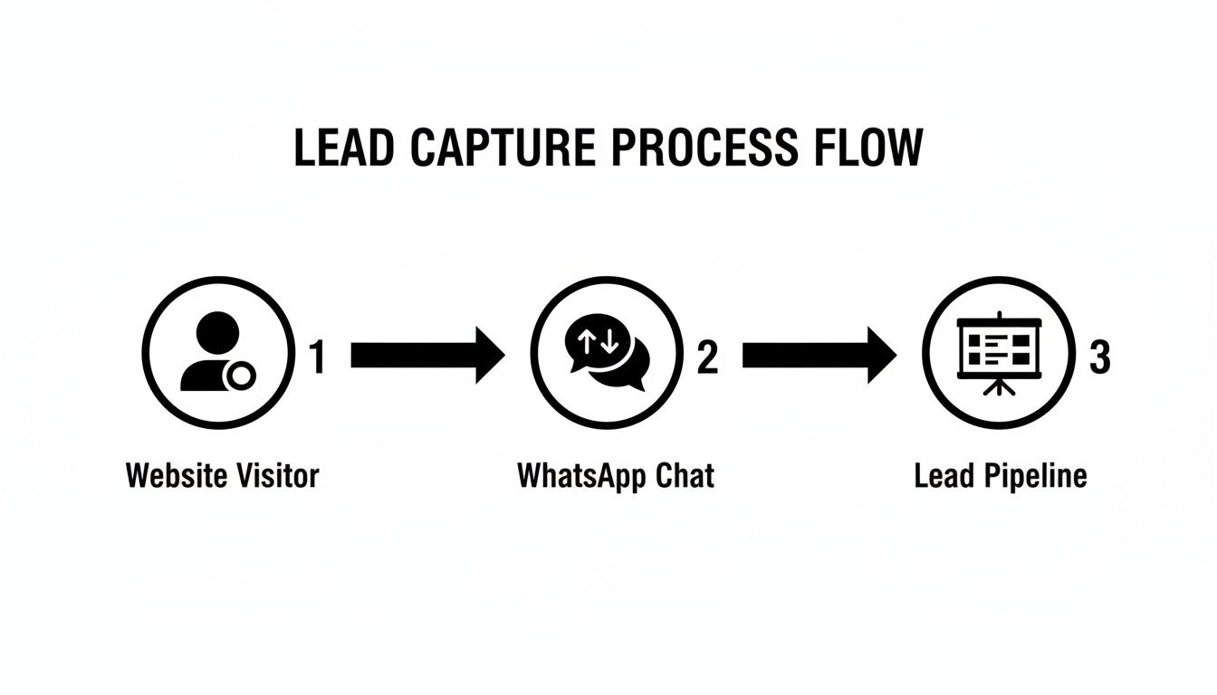 A lead capture process flow diagram illustrating steps from website visitor to lead pipeline via WhatsApp chat.