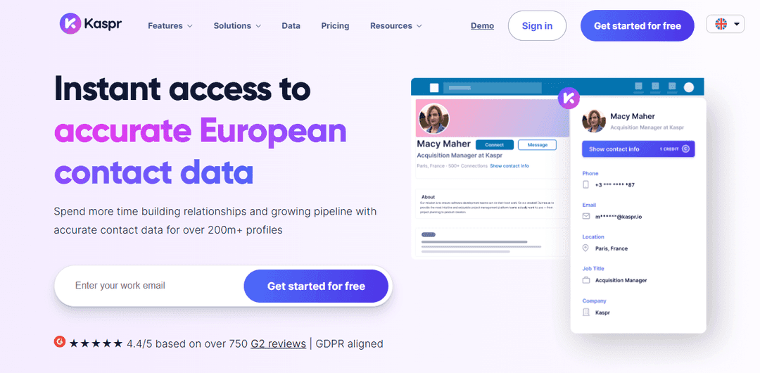 The Kaspr homepage presenting its browser extension for mobile numbers and emails
