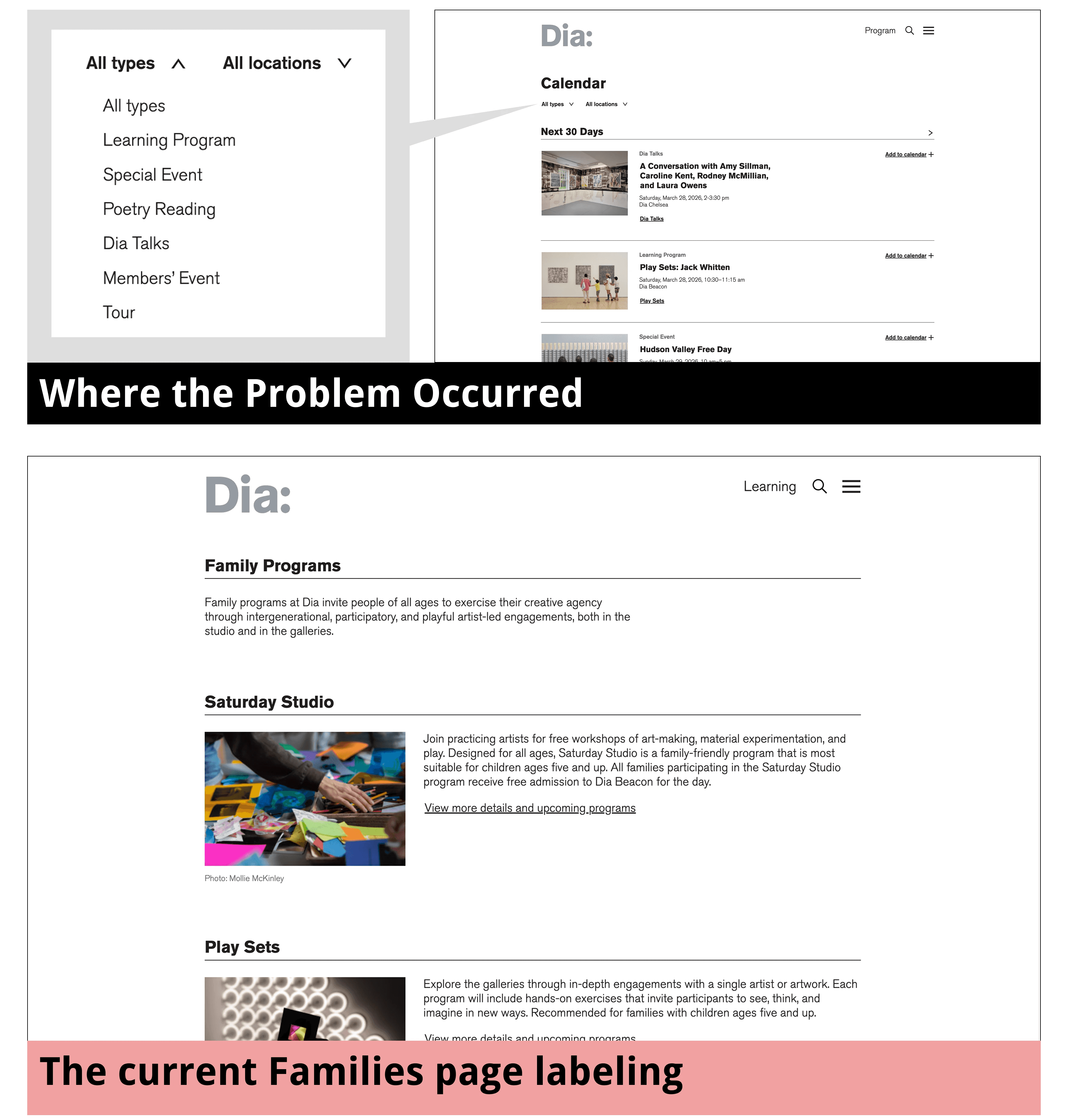 Side-by-side of the calendar Type filter using "Learning Program" and the Families page listing the same content as "Family Programs" with Saturday Studio named explicitly.