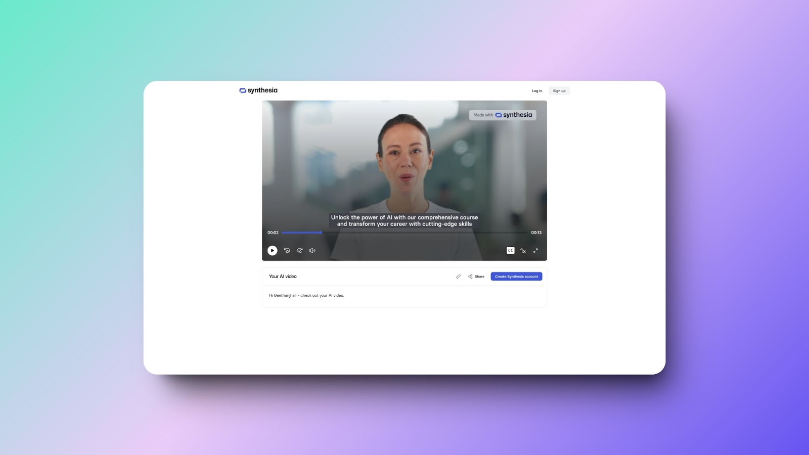 Synthesia video editor screen showing a preview of an AI-generated video with options to share and create a Synthesia account for further editing.