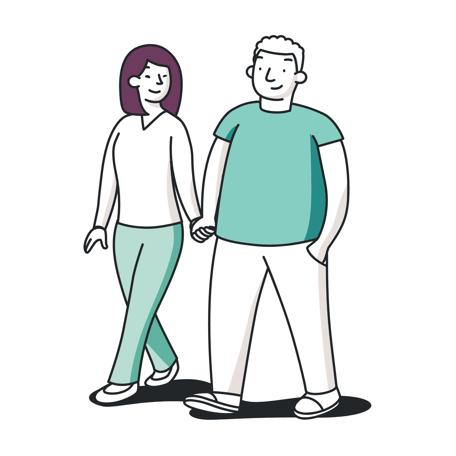 Illustration of two Maple brand characters walking hand in hand, in the brand's signature flat illustration style.