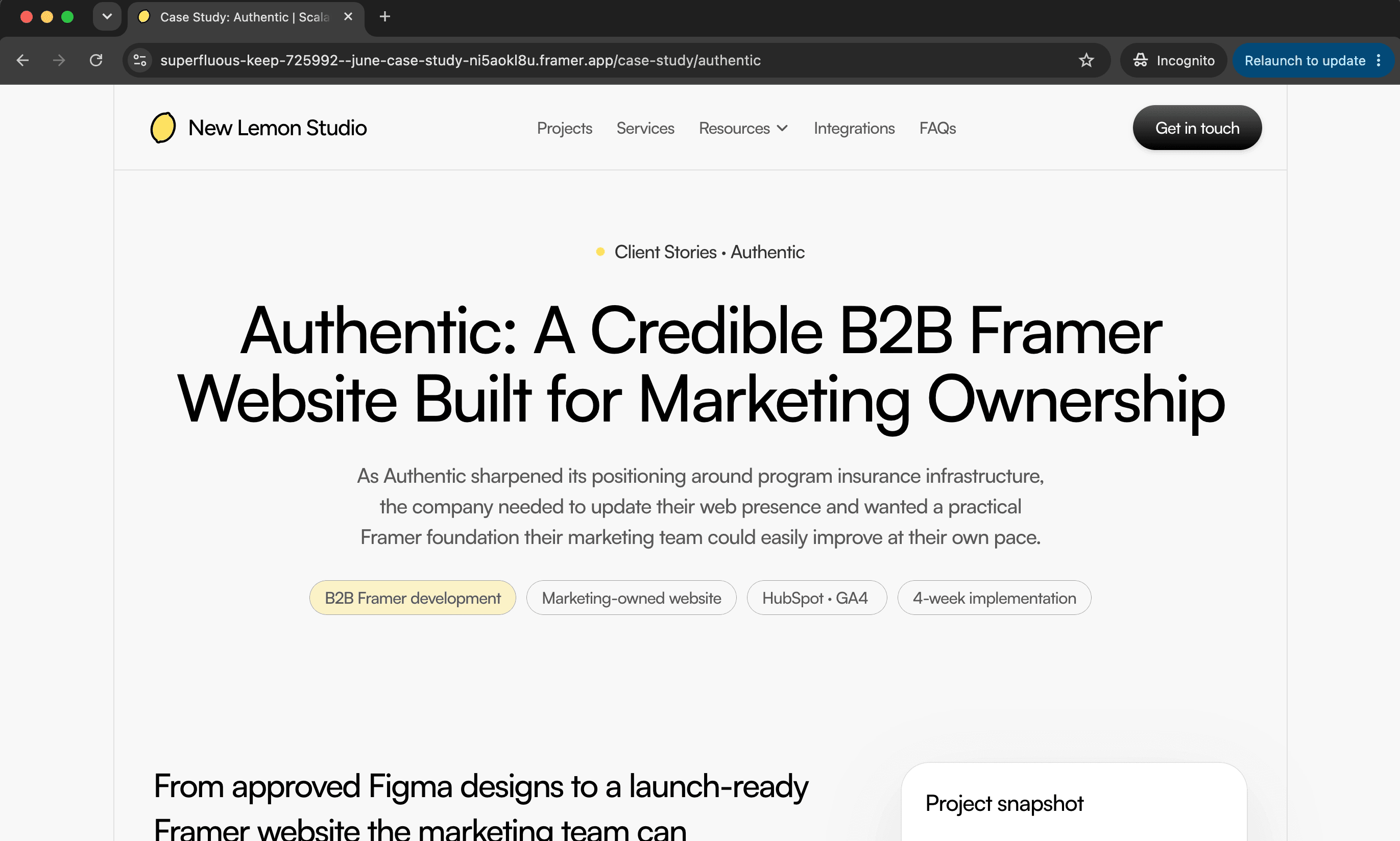 screenshot of reviewing framer branched website