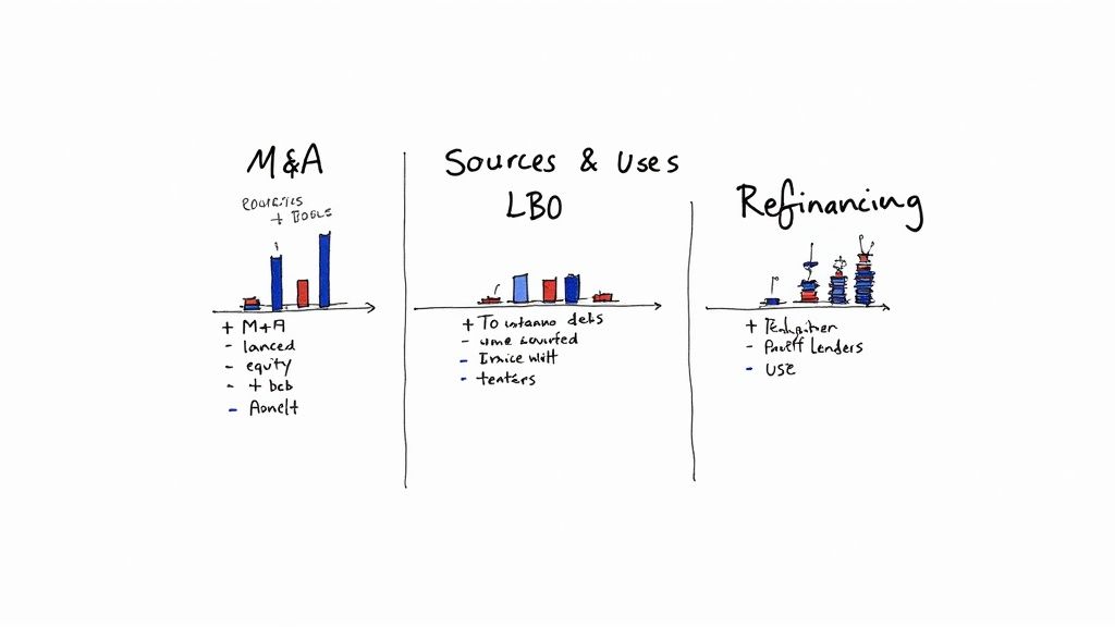 Hand-drawn financial chart illustrating M&A, LBO sources & uses, and refinancing concepts.