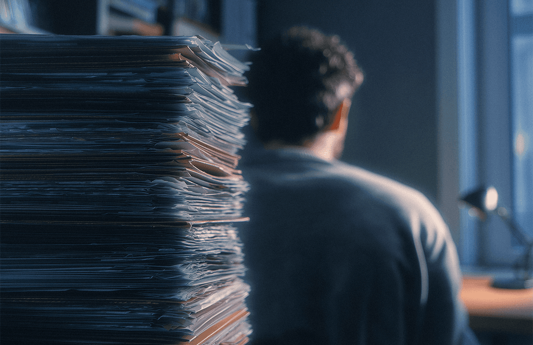 Grande pilha de processos e papéis em foco, com um profissional ao fundo, representando o volume de dados que a Inspira organiza e analisa.