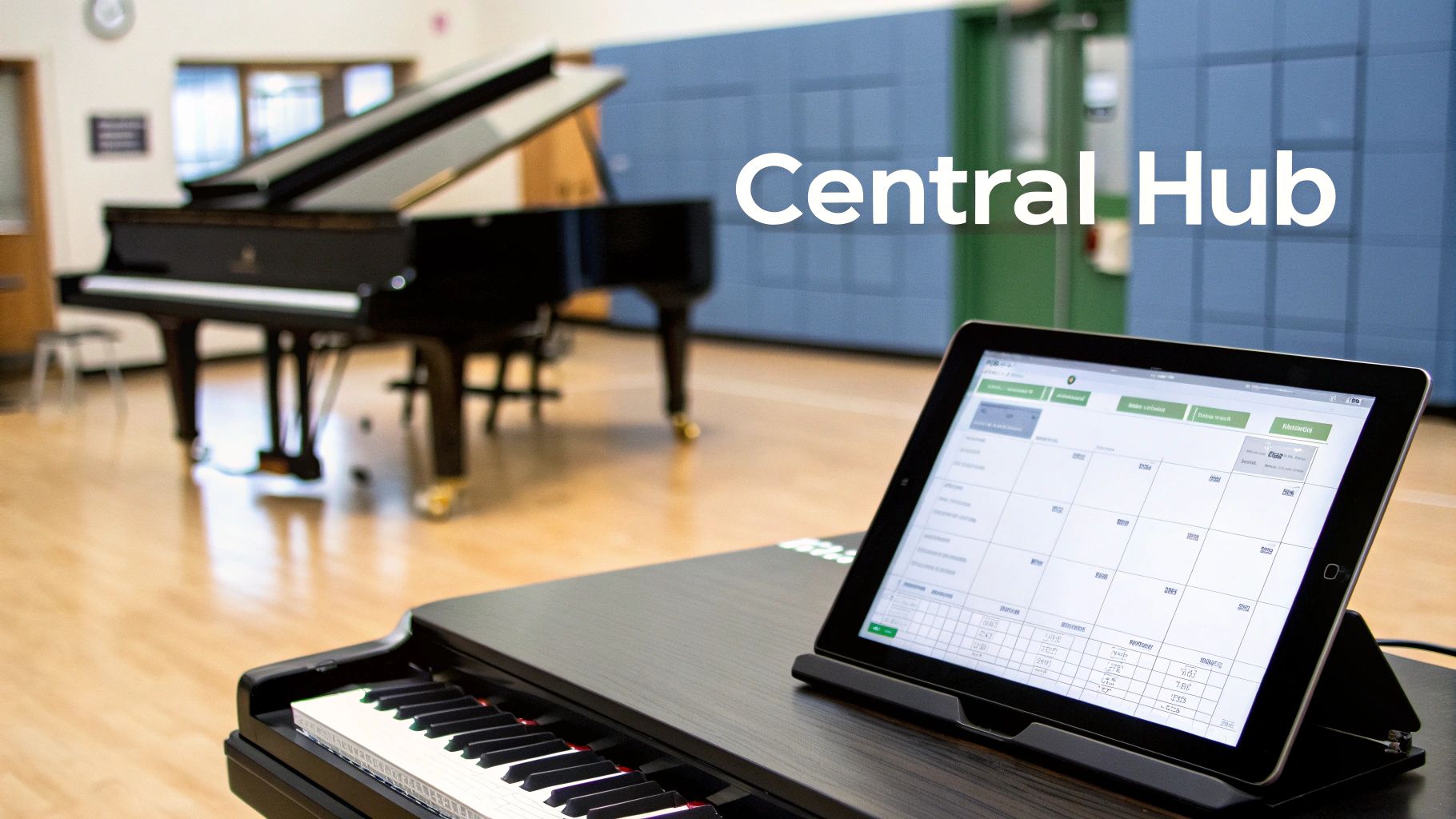 A digital piano with an iPad displaying a scheduling app, with a grand piano in the background.