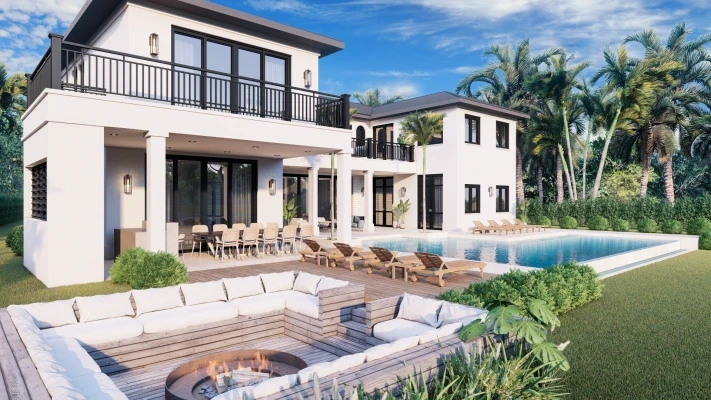 Rear exterior with fire pit lounge, pool deck, and dual balconies, Island Road estate Miami
