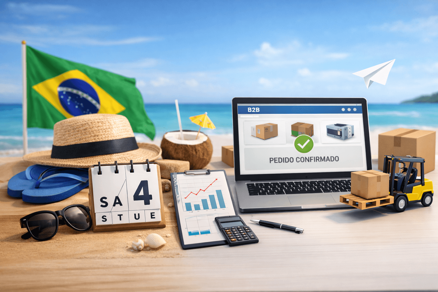 Cena em 3D realista de uma mesa próxima à praia, com itens de viagem como chapéu de palha, chinelos, óculos escuros e água de coco ao lado de um notebook aberto mostrando um portal B2B com pedido confirmado. Ao redor, caixas de envio e uma mini empilhadeira representam a operação logística funcionando mesmo durante o feriado, com o mar e uma bandeira do Brasil ao fundo.