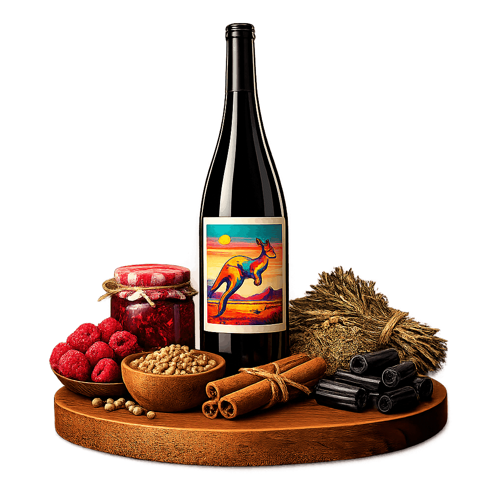 Artistic label and flavor profile for Australian Grenache on a rustic wooden table.