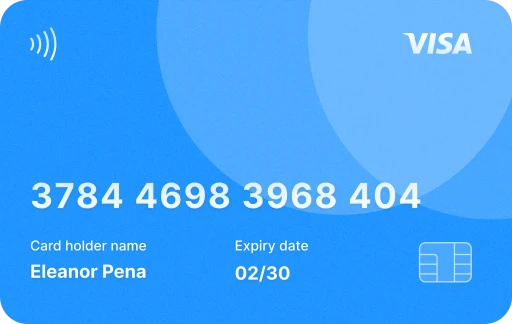 Blue payment card featuring a number sequence and a name, with a logo in the top right corner.