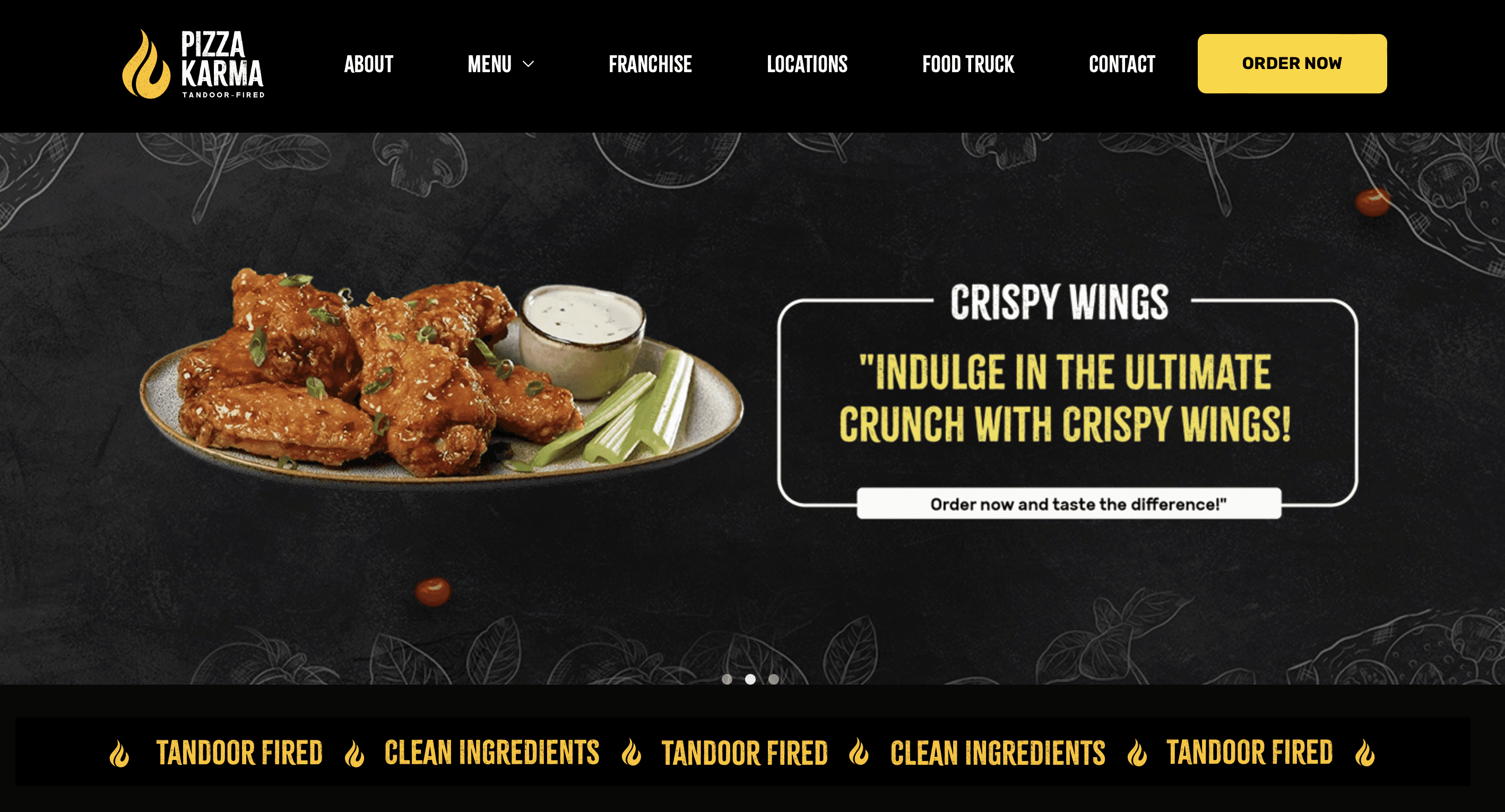 Image of Pizza Karma landing page, promoting a restaurant's food offerings.