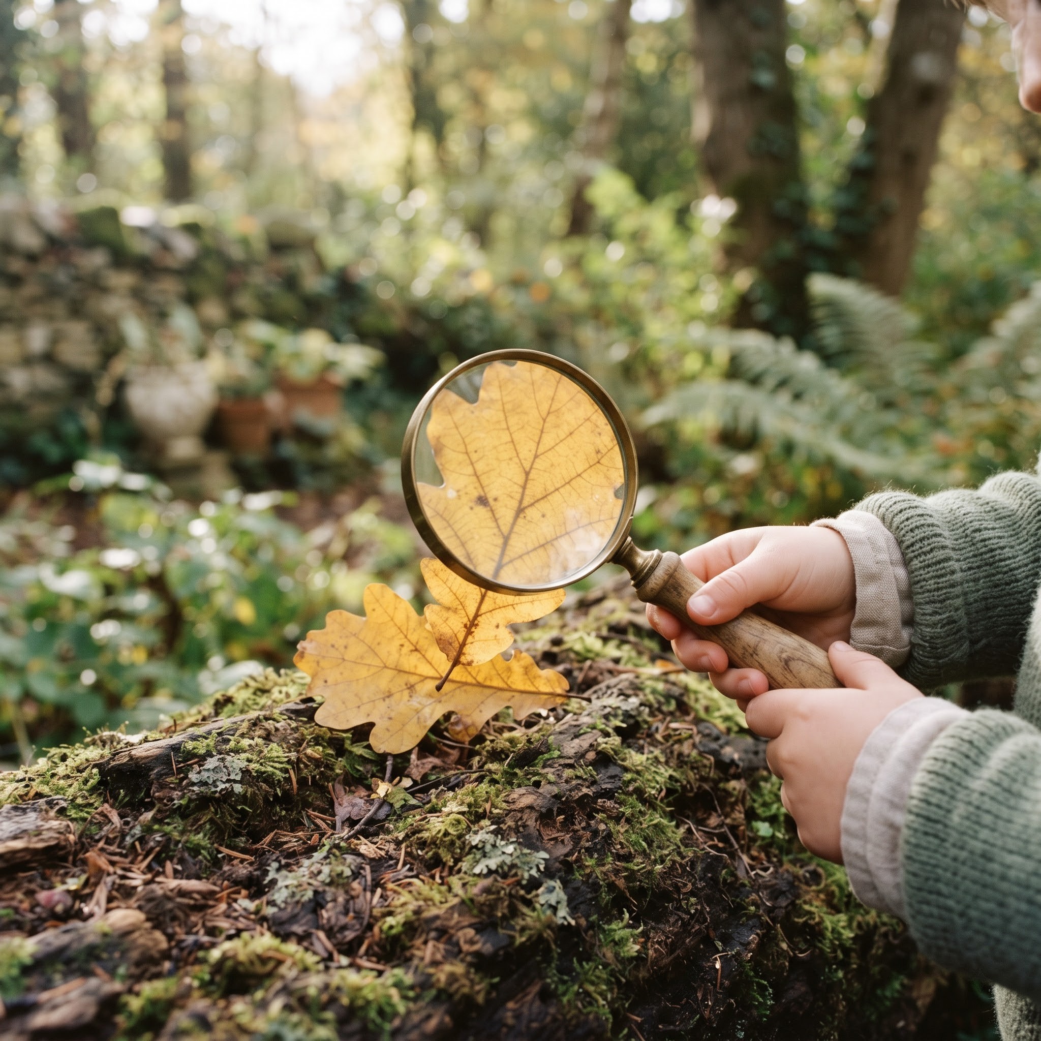 A child’s hands holding a magnifying glass over a leaf