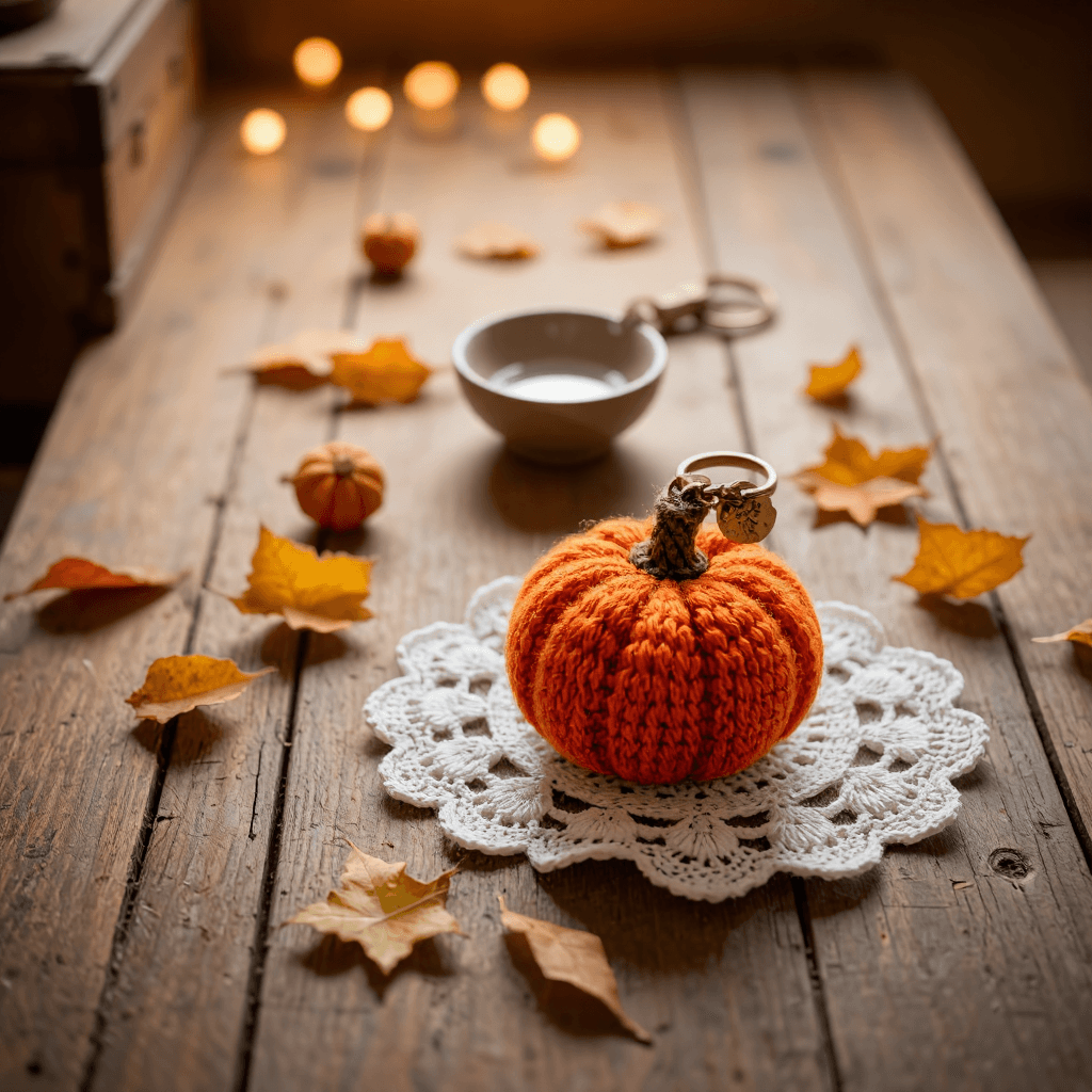 product photography of crocheted pumpkin keychain