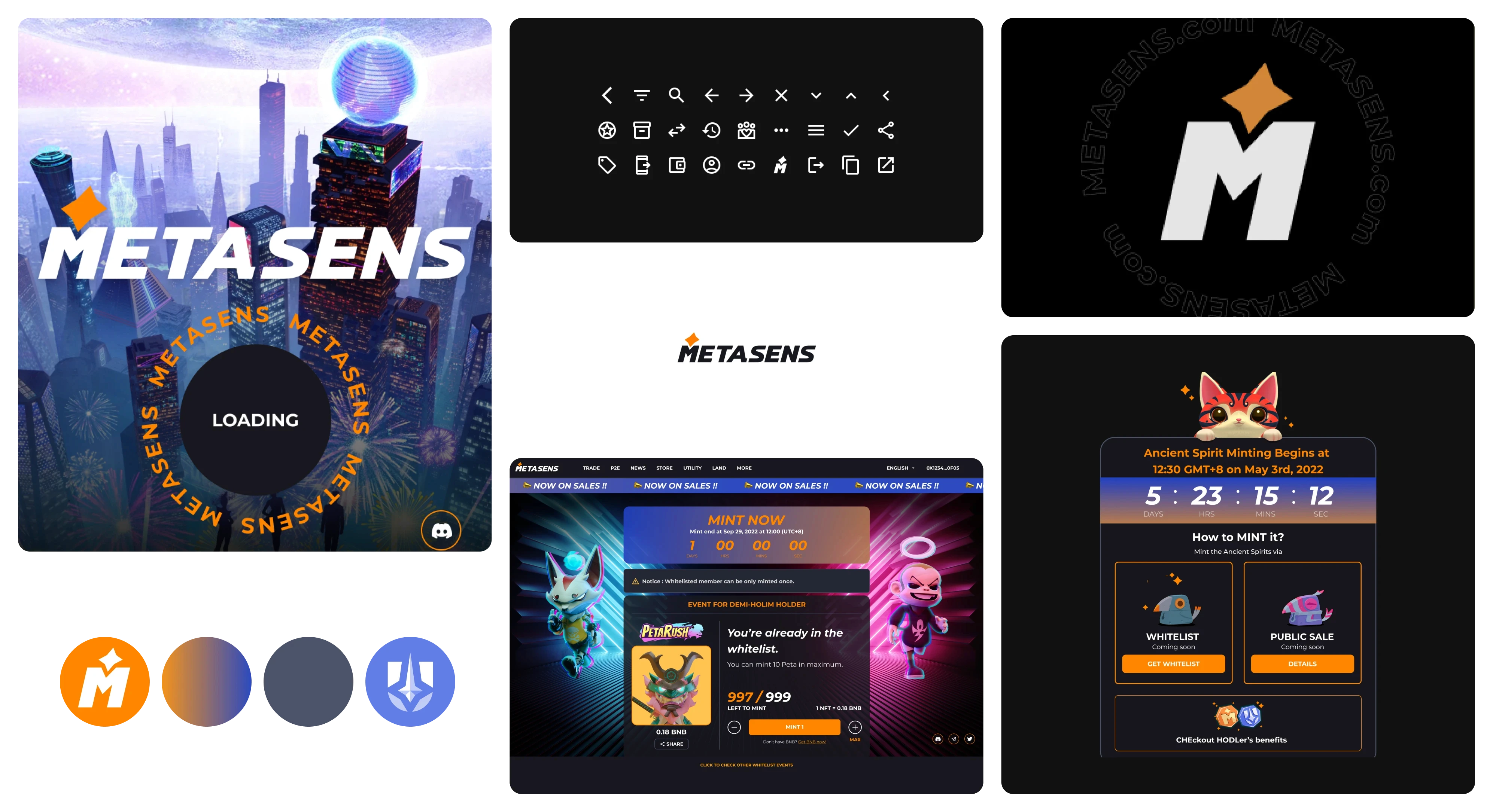Metasens brand asset overview including loading screen, logo variants, icon set, mint page UI, and Ancient Spirits minting countdown