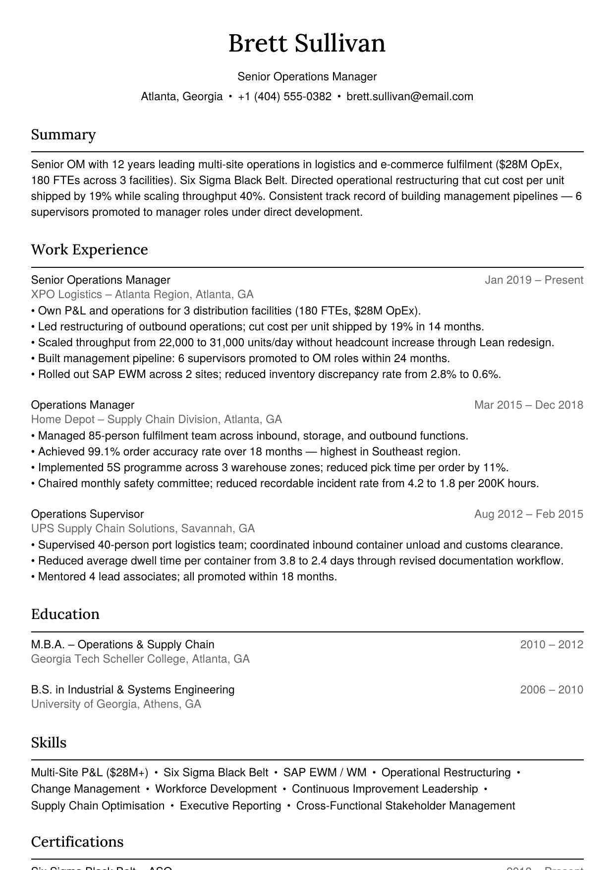 Senior operations manager resume example