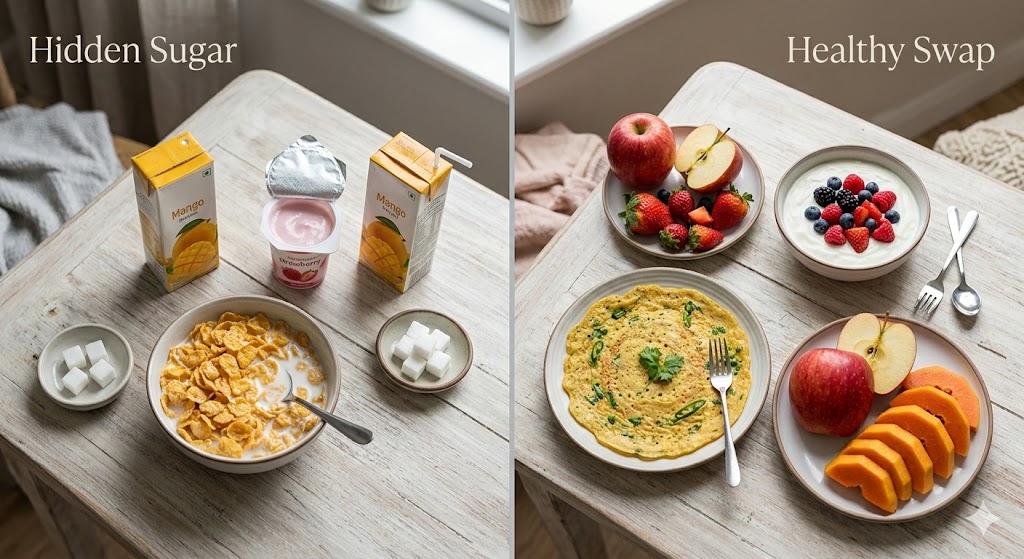 A top-down split-screen comparison of an Indian breakfast table. The left side is labeled 'Hidden Sugar' and shows processed items like cornflakes, mango juice cartons, strawberry yogurt, and bowls with sugar cubes. The right side is labeled 'Healthy Swap' and displays whole food options: a moong dal chilla (savory pancake), a bowl of dahi (curd) with berries, and fresh sliced fruits like apple and papaya. This image illustrates a nutritious Indian breakfast alternative to high-sugar processed foods.