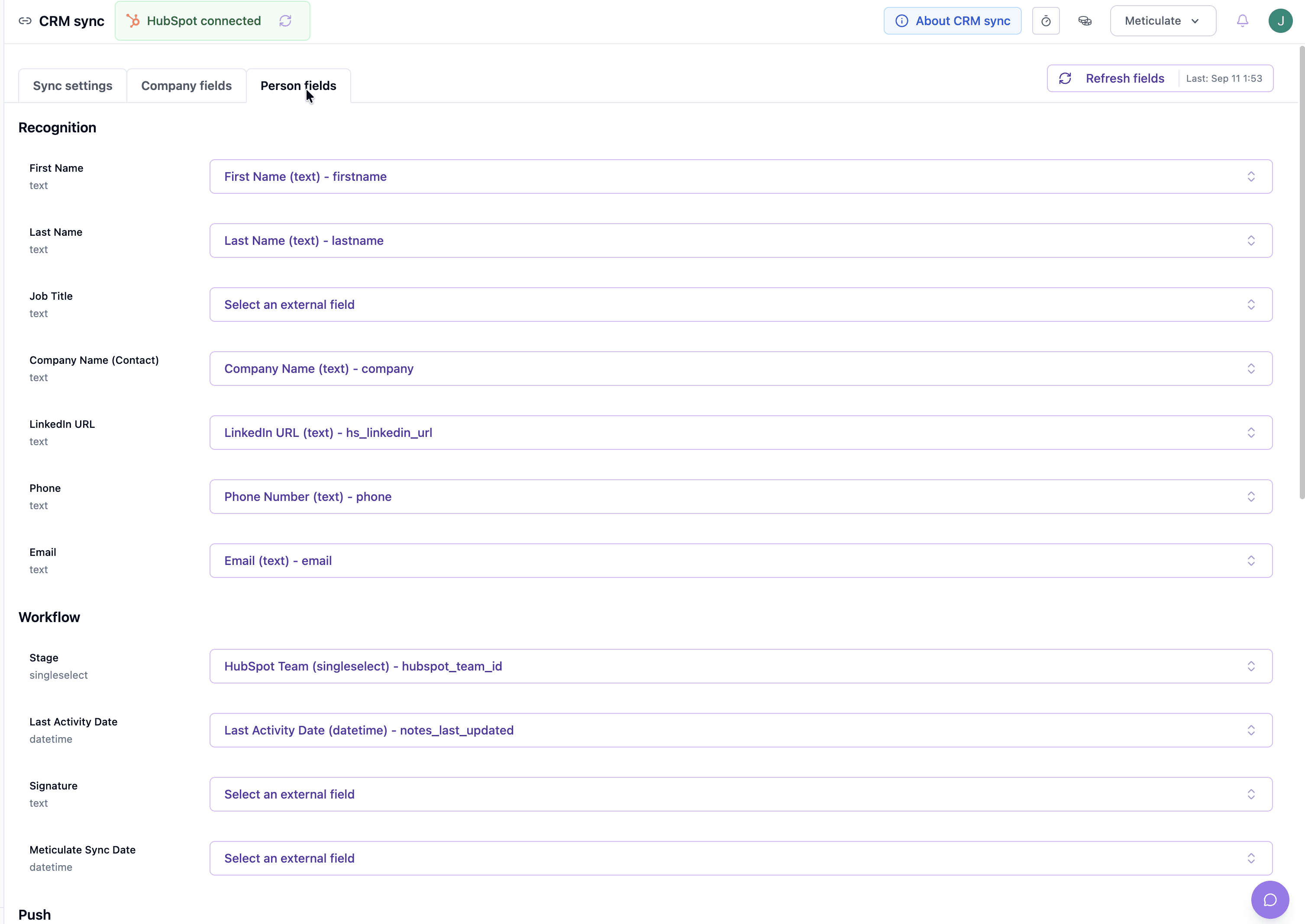 Person fields tab with contact Recognition and Workflow property mappings.
