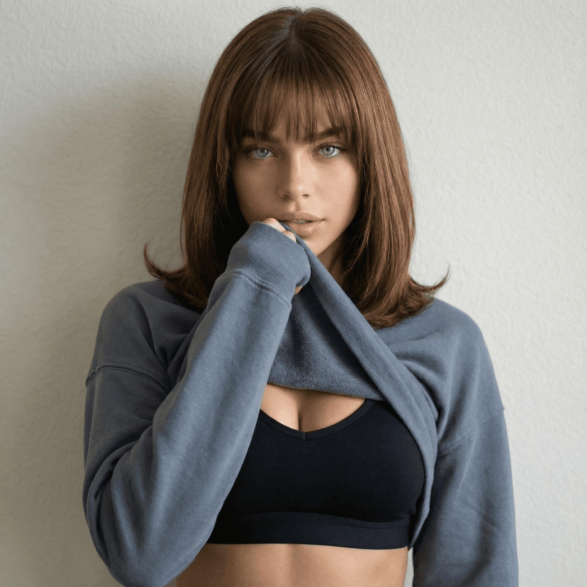 KI-Model im grauen Oversize-Blazer mit blauer Bluse und Brille steht lässig in einer Tür, wirkt modern, ruhig und stilvoll in urbanem Ambiente.