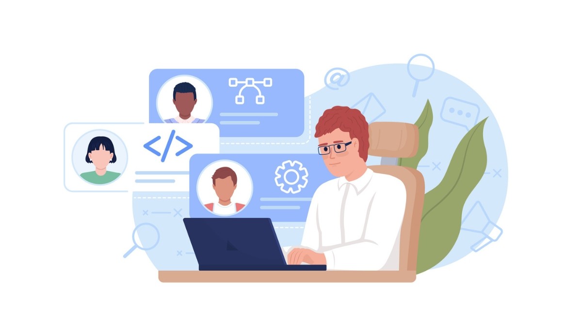 Illustration of two people adjusting interlocking gears within a circular arrow loop, surrounded by charts and checklists.