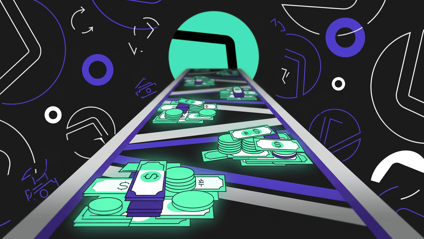 Stacks of stylized cash on a conveyor belt moving toward a teal portal against a dark background with abstract shapes.