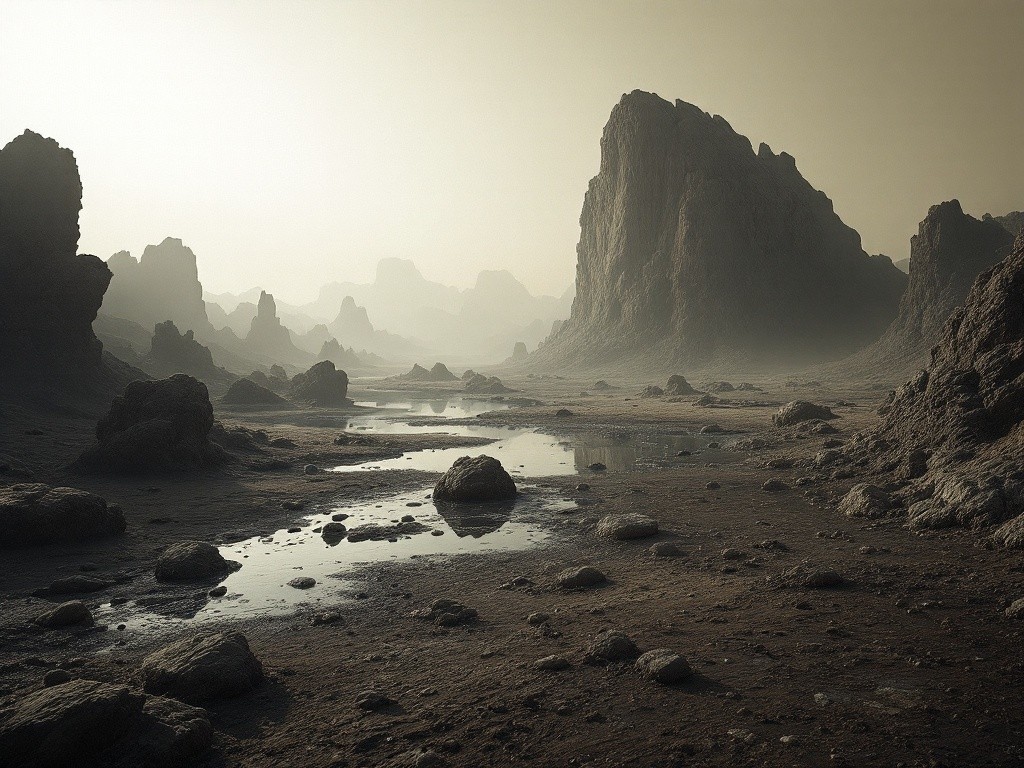 A misty landscape with large rocks and a small body of water.