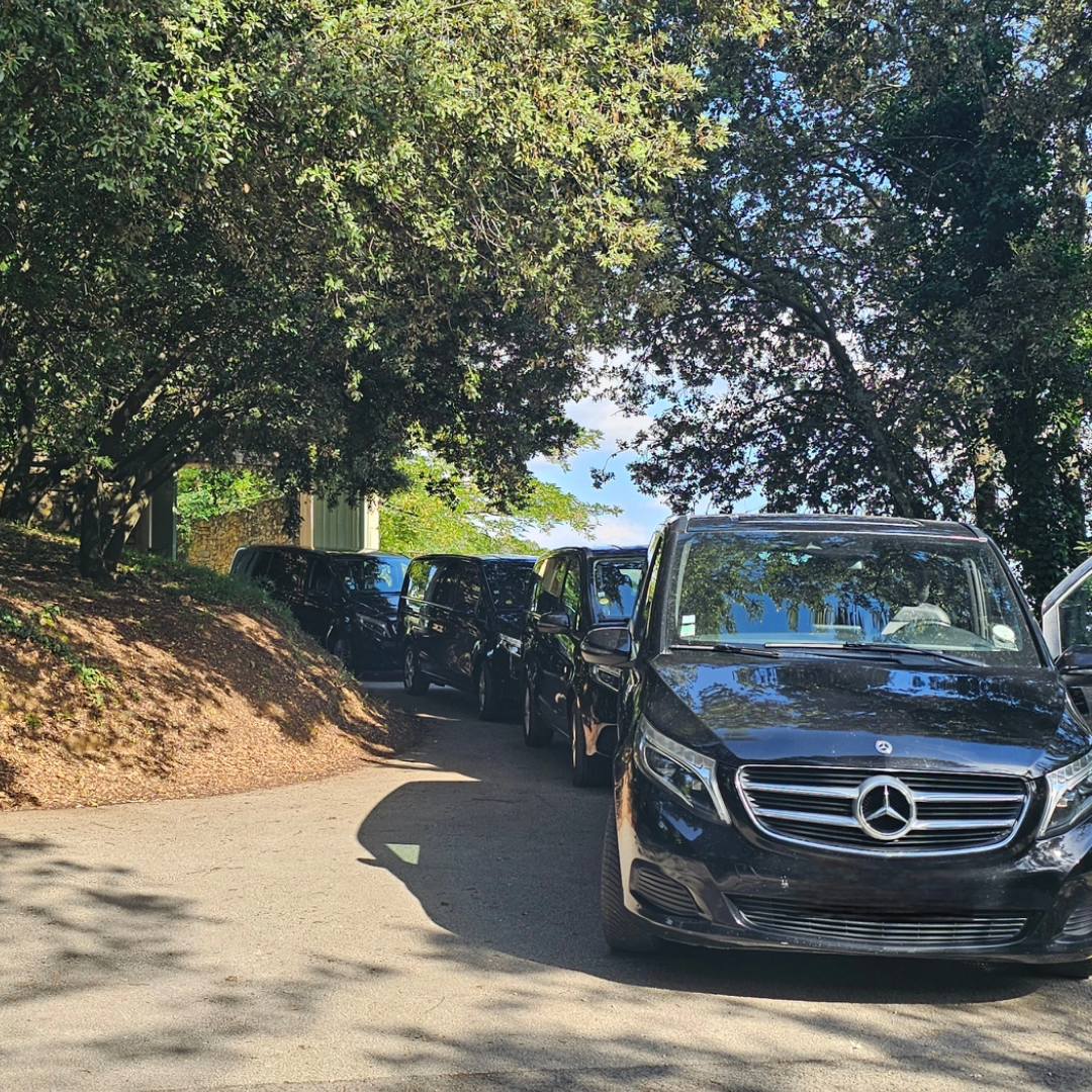 Vans de luxe garés sur une route de provence sous des arbres