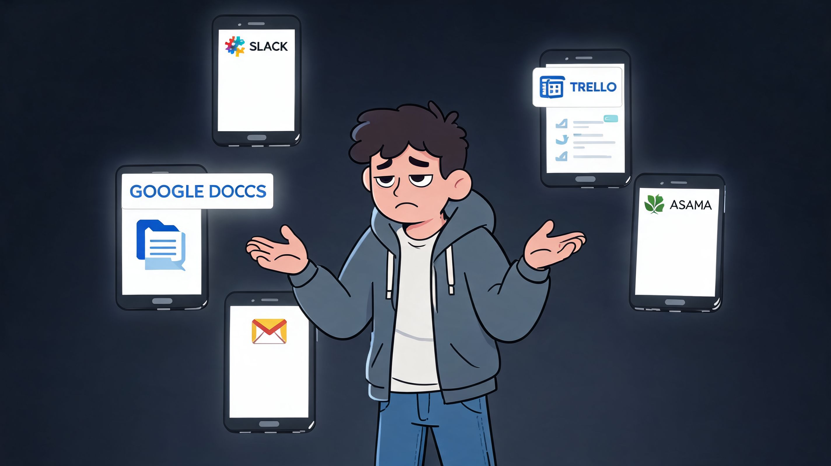 A tired young man surrounded by floating smartphone icons of various workplace productivity and collaboration apps.
