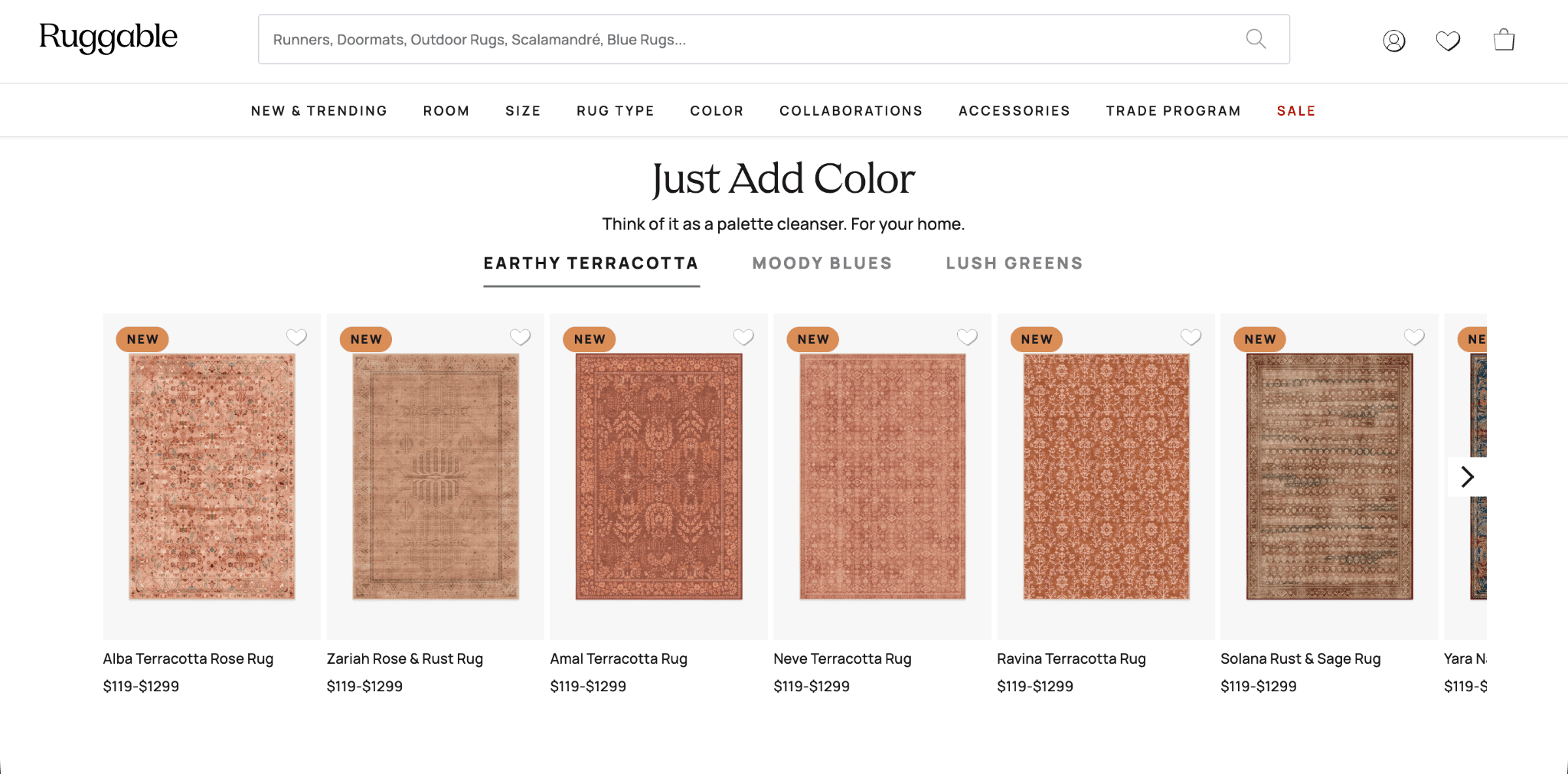 Ruggable showcasing color-based rug collections with multiple product options and pricing.