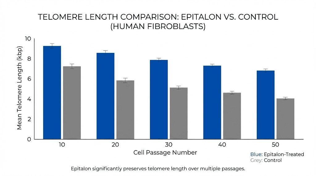 Epitalon telomere lengthening research data chart showing cell passage comparison