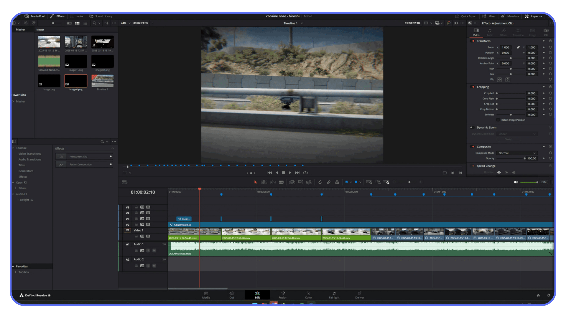 DaVinci Resolve Edit page showing a video clip with basic transform controls applied for performance-friendly editing