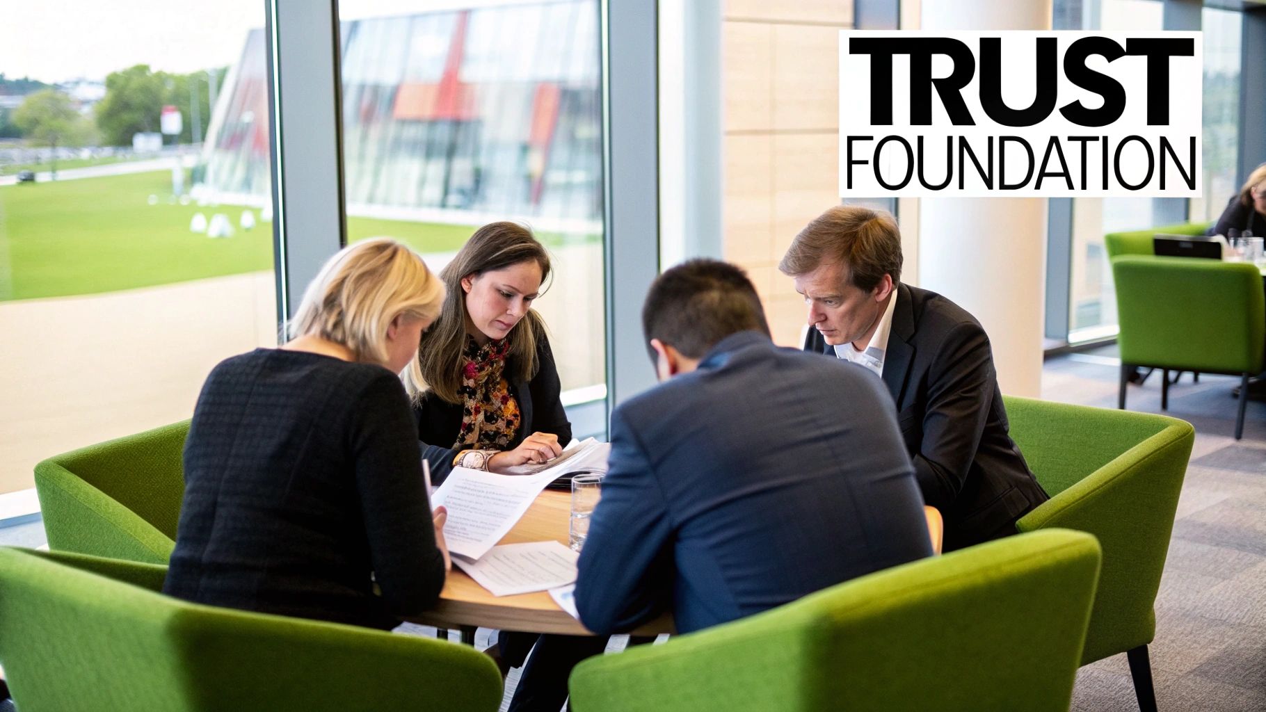 A team collaborating around a table, symbolizing the start of a project and building a foundation of trust.