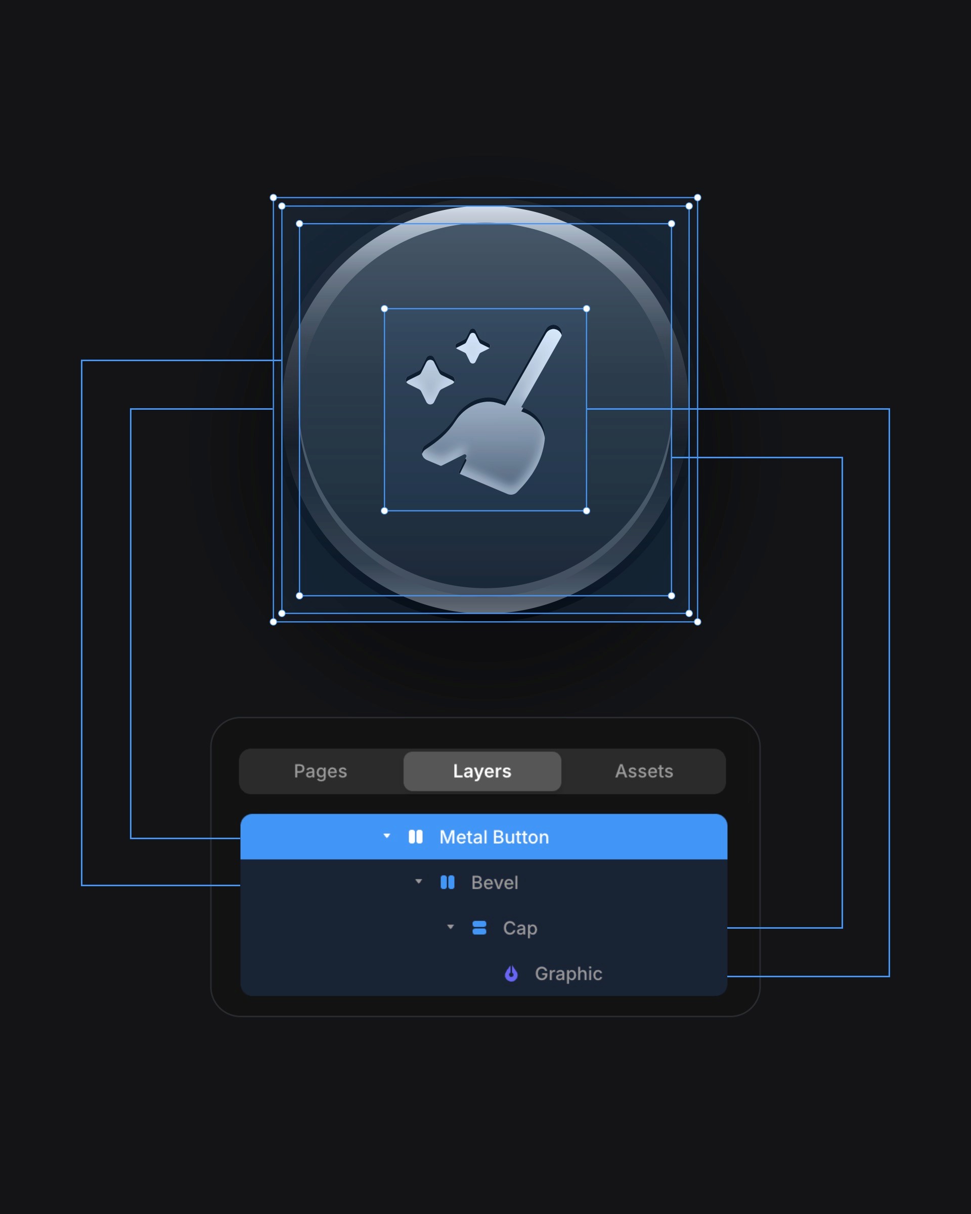 Design interface showing cleanup icon with layout guides, and layers panel displaying Metal Button component