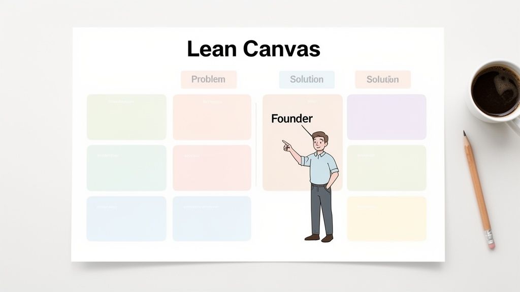 A Lean Canvas document outlining 'Problem' and 'Solution' with a cartoon founder pointing to the solution.