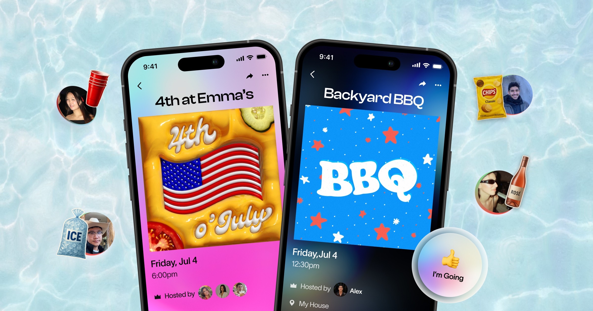  Two phones display customizable baby shower digital invitations against a dreamy pastel background with sparkles. The left screen shows a vintage-style online baby shower invite reading “Em’s having a baby!” with a blue bow design. The right screen features a modern floral digital baby shower invitation titled “Welcoming Olivia.” A floating RSVP button says “I’m Going.” Perfect for creating and sending baby shower invites online.