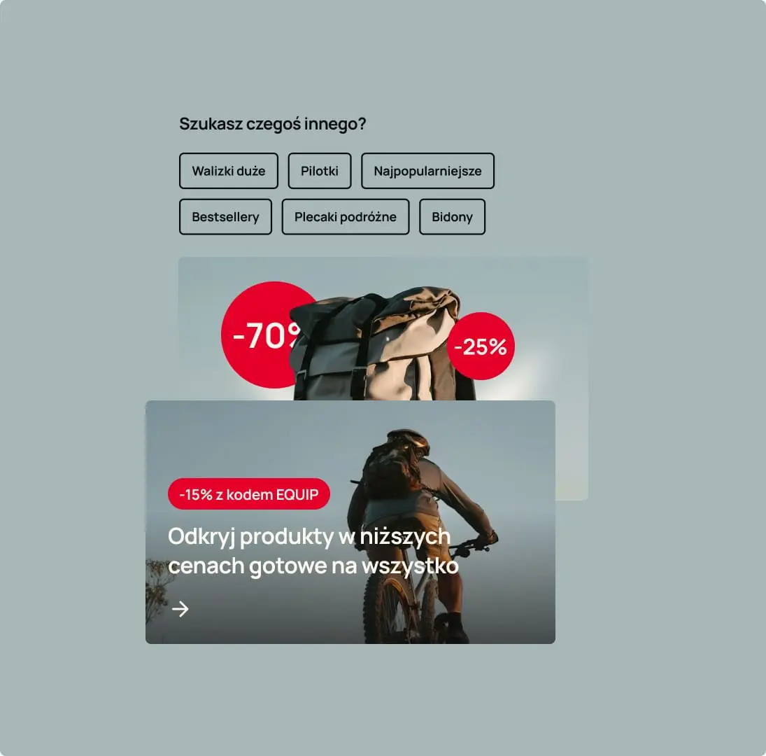 Web UI components including category filter chips and promotional banners with discount offers and outdoor-themed photography.