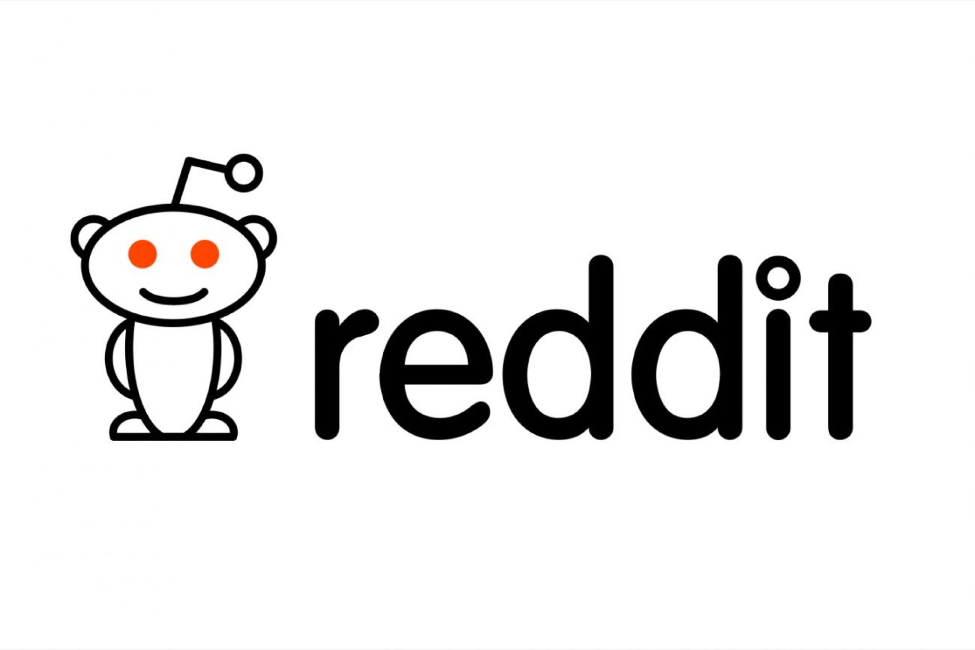 Reddit logo featuring a red-eyed, round-faced mascot with one antenna and a cheerful expression. The logo is positioned on a white background with the word 'Reddit' in black text beside the mascot.