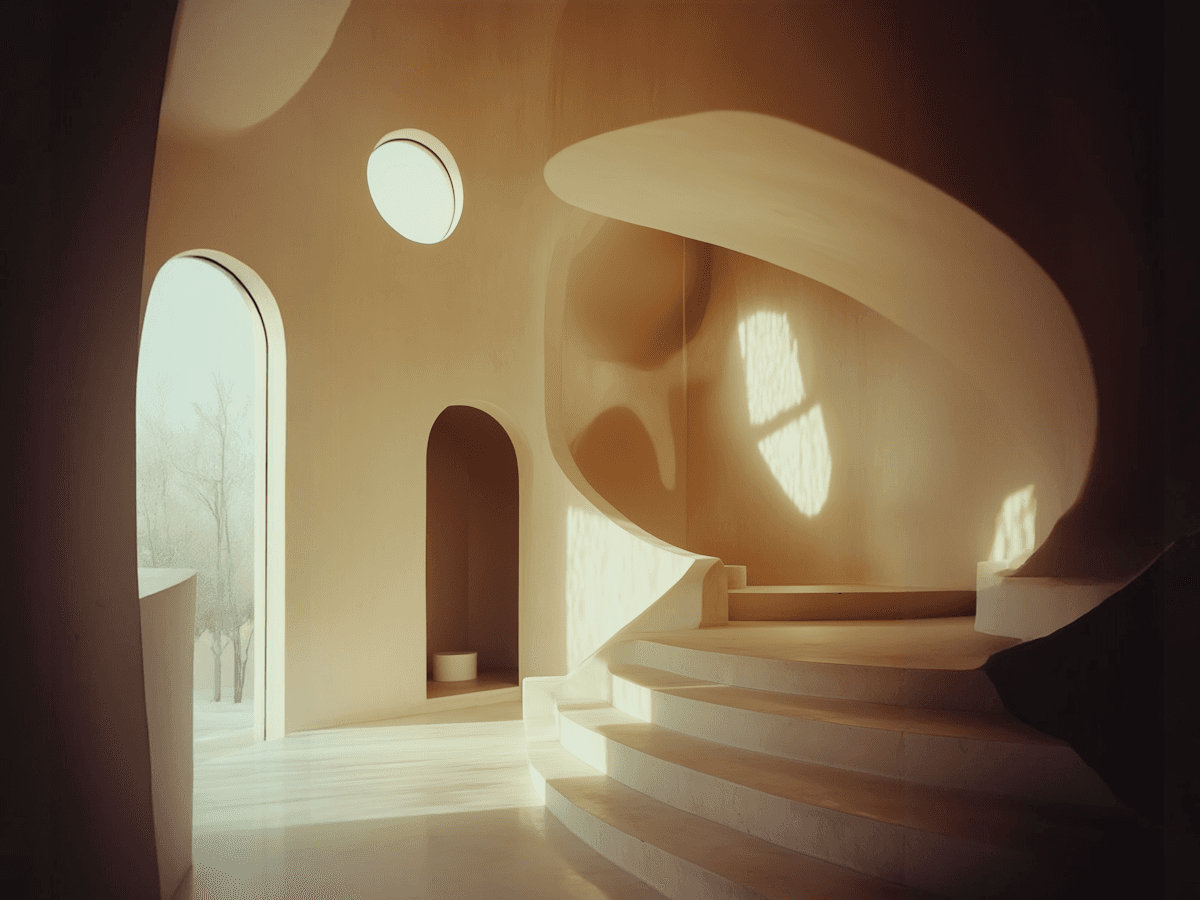 Minimalist interior with curved archway, round window, and warm golden sunlight creating organic shadow patterns on cream walls