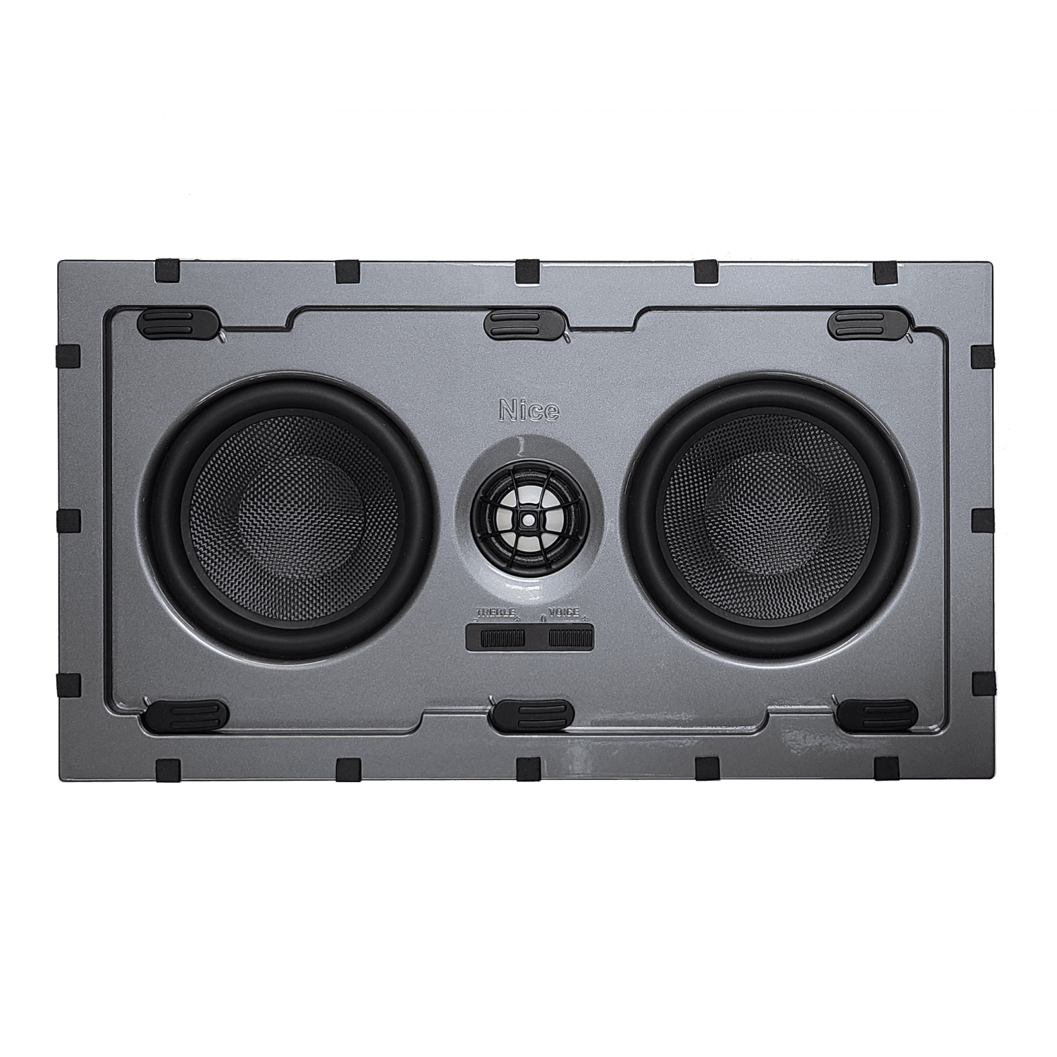 Grey speaker with two round woofers and a tweeter