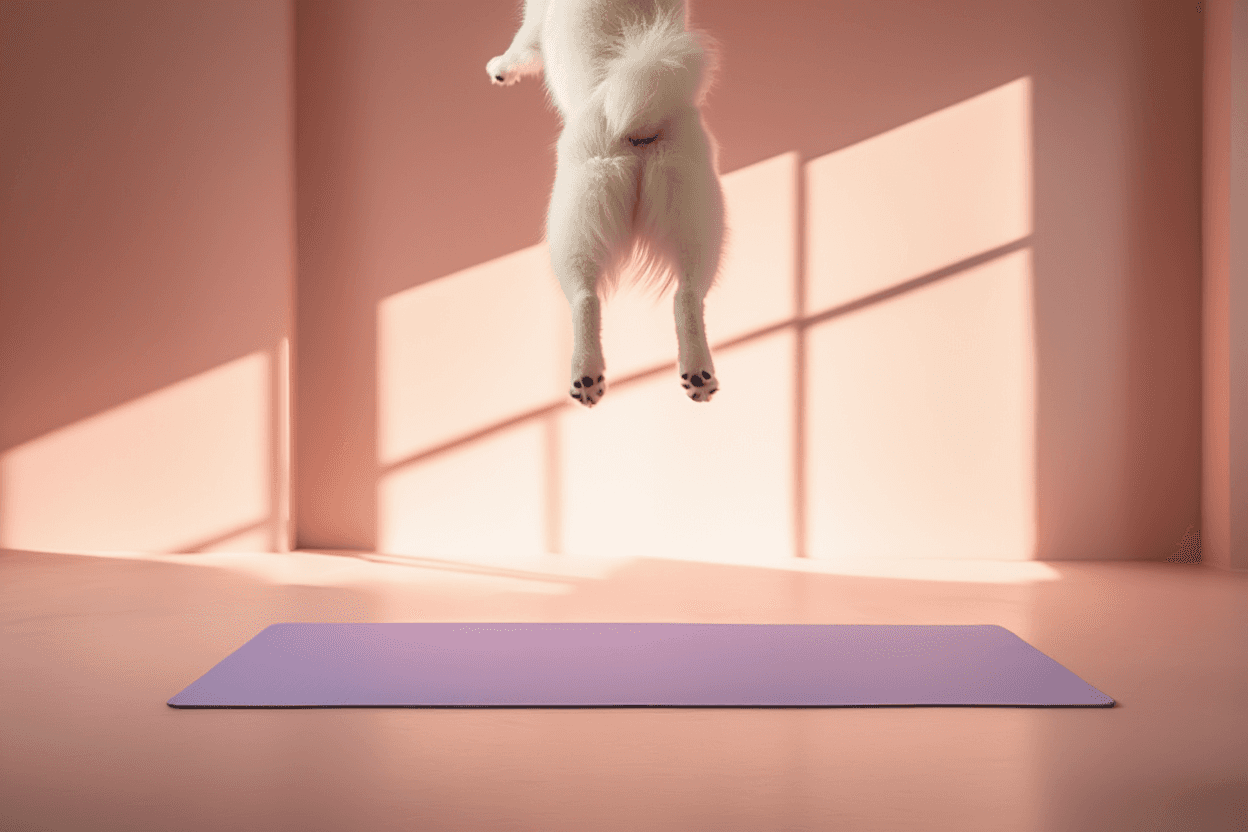 white dog jumping on top of yoga mat