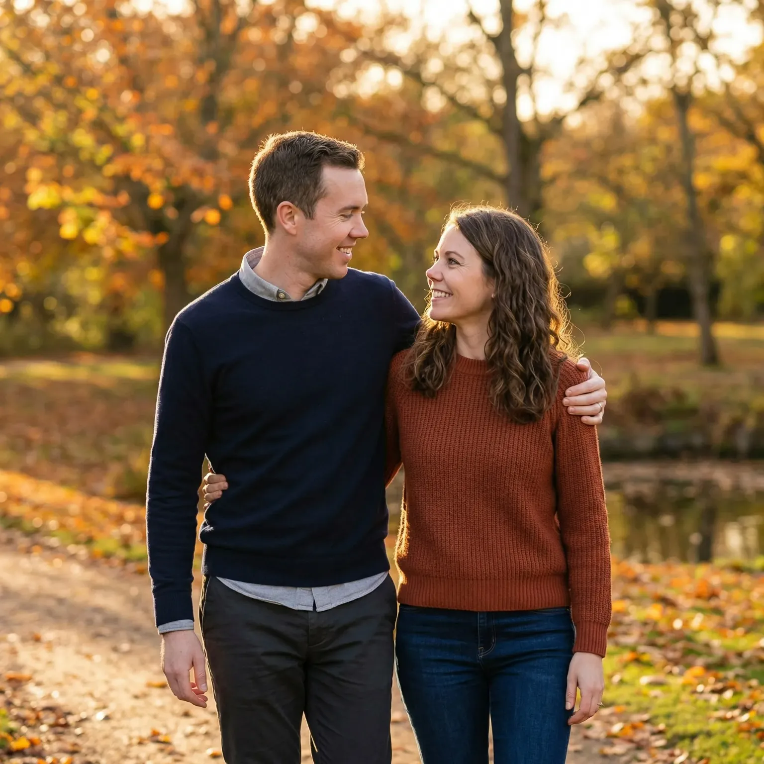 Couple walking through a park with autumn foliage, smiling at each other.