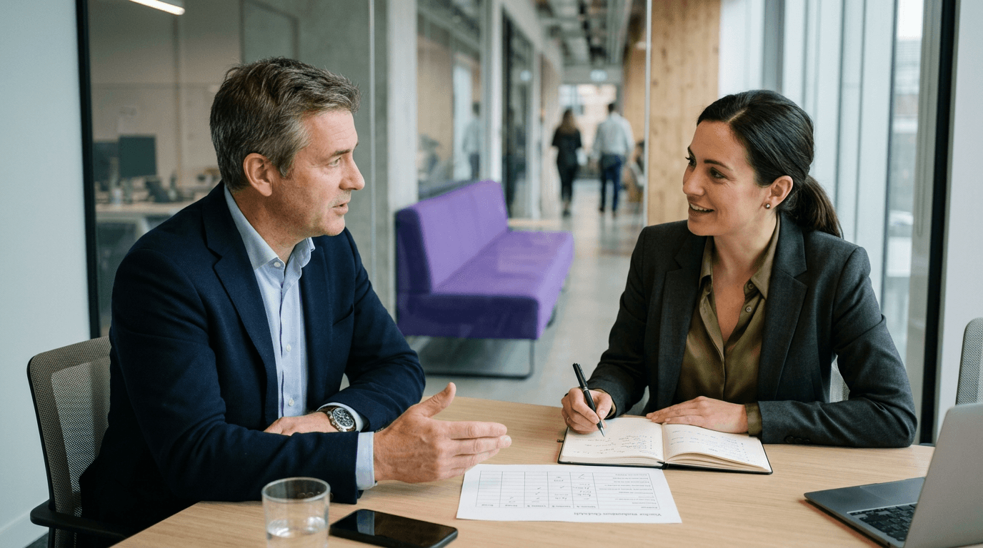 Two communications professionals reviewing a vendor evaluation checklist in a glass-walled meeting room
