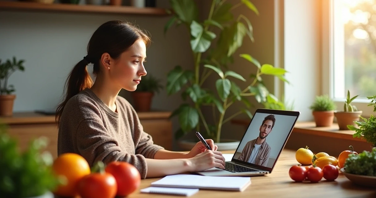 Nutricionista estudando em notebook com caderno e alimentos ao redor 